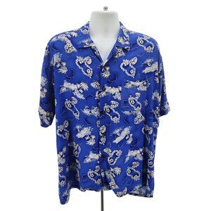 Vintage Ocean Current Mens XL Hawaiian Shirt Tropical Palm Tree Ukulele Blue